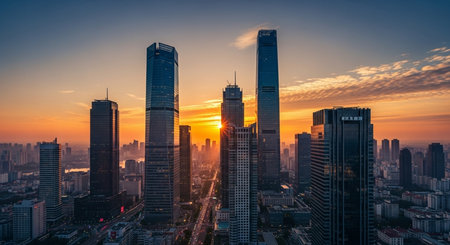 Aerial view of shanghai skyline at sunset,China.の素材