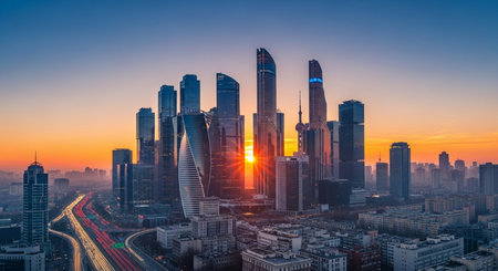 Aerial view of shanghai skyline at sunset,China.の素材