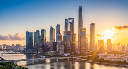 Shanghai city skyline at sunset, China. Financial district.の素材