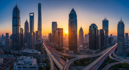 Aerial view of Shanghai Pudong skyline at dusk, China.の素材
