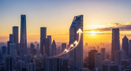 Business graph on skyscrapers at sunset, Financial and business conceptの素材