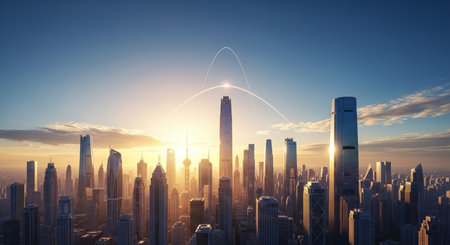 Futuristic cityscape with skyscrapers at sunset. Mixed mediaの素材