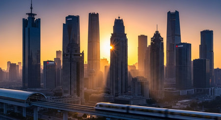 Aerial view of Dubai city skyline at sunrise, United Arab Emiratesの素材