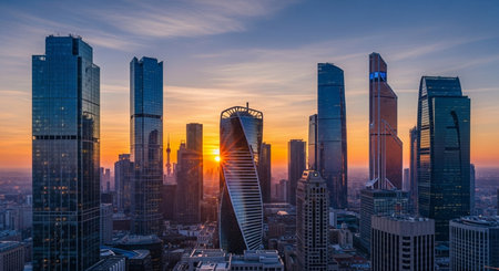 Skyscrapers of the financial district of Moscow at sunset.の素材