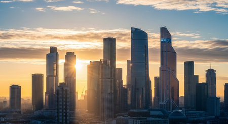 Skyscrapers of the financial district of Moscow at sunset.の素材
