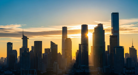 Shanghai skyline at sunset, China. Shanghai is the capital and largest city of China.の素材