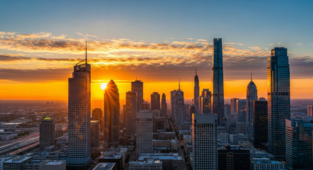 Aerial view of Chicago skyline at sunset, Illinois, USA.の素材