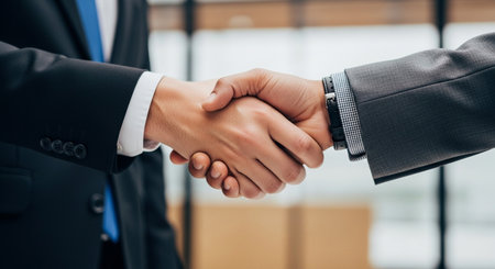 cropped view of businessman and businesswoman shaking hands in modern officeの素材