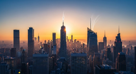 New York City skyline with skyscrapers at sunset, USA.の素材