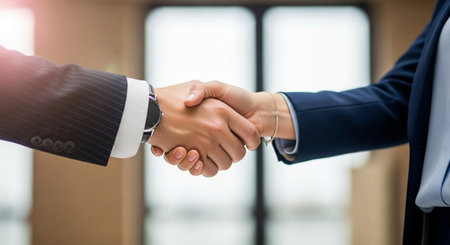 Business people shaking hands, finishing up a meeting. Handshake concept.の素材
