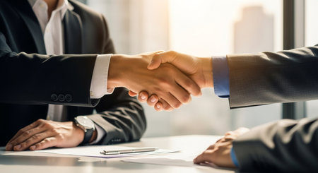 Business people shaking hands, finishing up a meeting. Business handshake concept.の素材