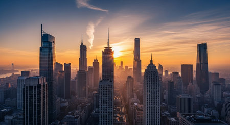 Aerial view of Chicago downtown at sunset, Illinois, USA.の素材