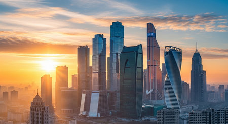 Shanghai skyline at sunrise, China. Shanghai is the financial center of China.の素材