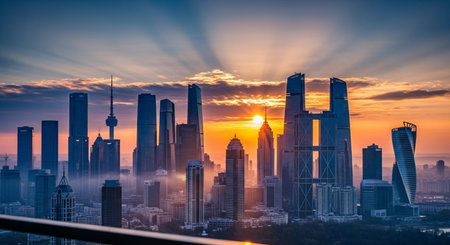 Shanghai skyline at sunrise, China. Shanghai is the capital of China.の素材