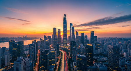 Aerial view of skyscrapers in Shanghai at sunset, Chinaの素材