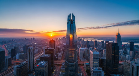 Aerial view of Shanghai skyline at sunset, China. Financial district and business centers.の素材