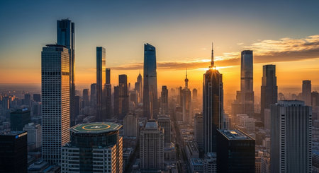Shanghai skyline at sunset, China. Shanghai is the capital of China.の素材