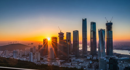 Panoramic view of the city of Shanghai at sunset, Chinaの素材