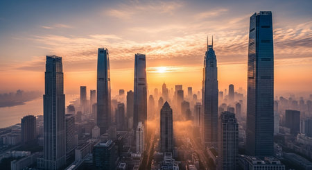 Aerial view of shanghai skyline at sunrise,China.の素材