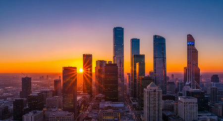 Aerial view of Frankfurt am Main skyline at sunset, Germany.の素材