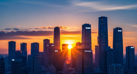 Shanghai city skyline at sunset with skyscrapers, Chinaの素材