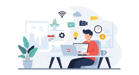 Man working on laptop in office. Vector illustration in flat style.の素材