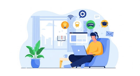 Freelance or remote work concept. Young man working at home. Freelance and remote work. Vector illustration in flat styleの素材