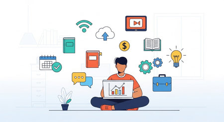 Man sitting on floor with laptop and business icons around. Vector illustrationの素材