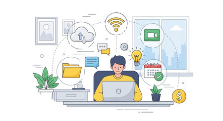 Vector illustration of a young man working on a laptop in an office.の素材
