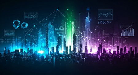 Abstract city background with glowing business charts and graphs. Vector illustration.の素材