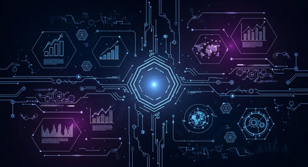 Abstract technology background with circuit board and high tech graphs and diagrams, vector illustrationの素材