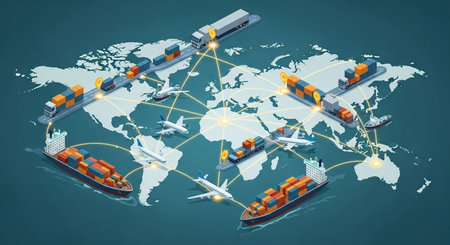 Global logistics network on world map. Freight transportation concept. 3d illustrationの素材