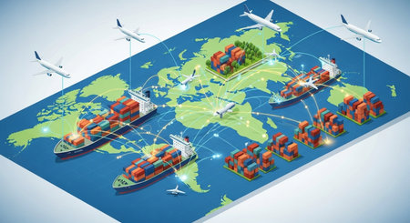 Transportation concept with world map and cargo ships. Vector illustration.の素材