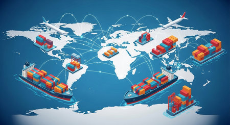 Global logistics and transportation concept. Freight cargo ship with containers on world mapの素材