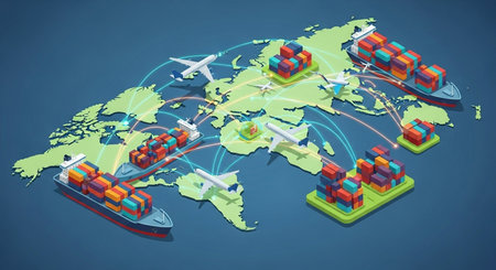 Cargo shipping and logistics on world map 3d isometric vector illustrationの素材