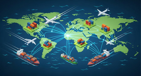 Transportation isometric concept. Cargo ship, airplane, ship and world map. Vector illustrationの素材