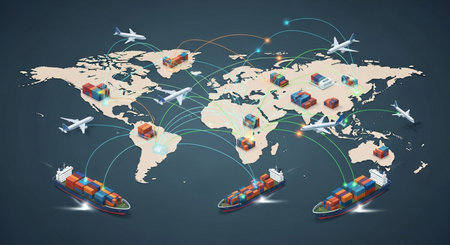 International logistics and transportation concept. Container ship, ship, plane, truck, ship, plane and world map.の素材