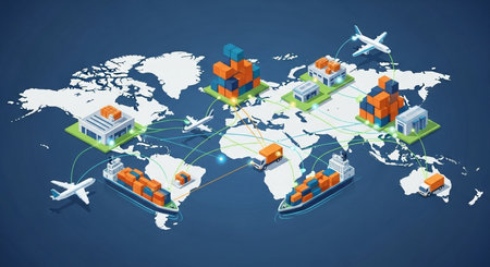 Isometric global logistics and transportation concept with world map on blue backgroundの素材