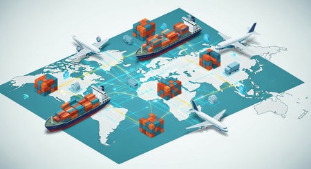 Aerial view of world map with cargo ships and airplanes. Logistics and transportation conceptの素材