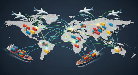 Transportation and logistics concept with world map and freight cargo ship on blue backgroundの素材