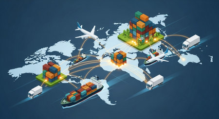 Global logistics and transportation concept with world map and containers. 3d illustrationの素材