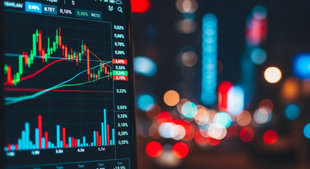 Stock market or forex trading graph and candlestick chart suitable for financial investment concept. Economy trends background for business idea and all art work design. Abstract finance background.の素材