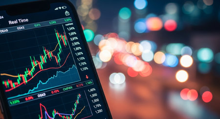 Stock market or forex trading graph and candlestick chart suitable for financial investment concept. Economy trends background for business idea and all art work design. Abstract finance background.の素材