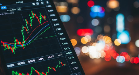 Financial stock market or forex trading graph and candlestick chart suitable for financial investment concept. Economy trends background for business idea and all art work design. Abstract finance background.の素材