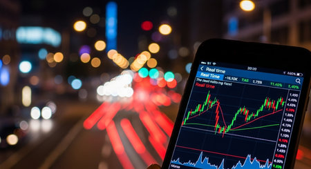 Smartphone with stock market data on screen over blur traffic in city at nightの素材