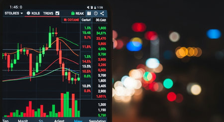 Candle stick graph chart with indicator showing bullish point or bearish point, up trend or down trend of price of stock market or stock exchange trading, investment and financial concept.の素材