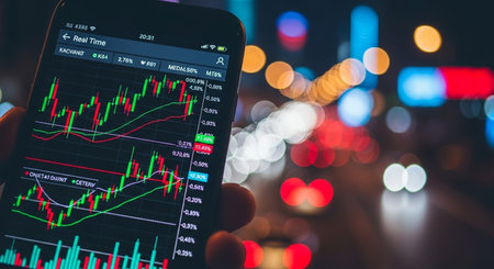 Smartphone with stock market data on screen, stock market data conceptの素材