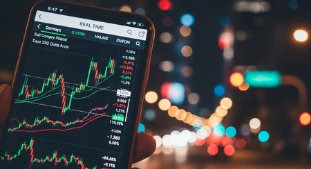 Smartphone screen displaying stock market data on the background of the night cityの素材