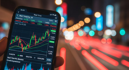 Smartphone with stock market application on screen. Stock market concept.の素材