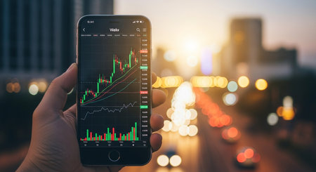 Smartphone with stock market chart on screen in hand, stock market conceptの素材